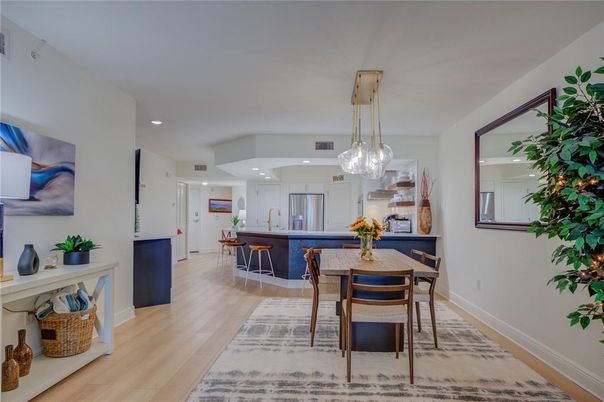 Dining room, Interior, Kitchen, Pendant Lights, Recessed Lighting, Stainless Steel Appliances, Wood Texture Flooring