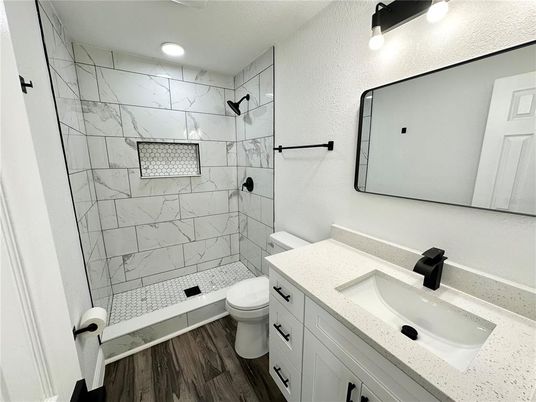 Bathroom, Interior, Marble Walls, Recessed Lighting, Wood Texture Flooring