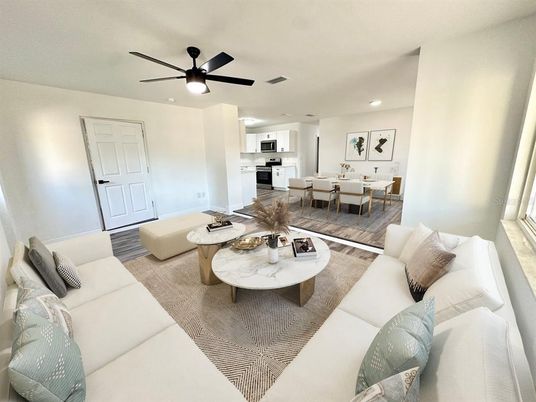 Dining room, Interior, Kitchen, Living room, Recessed Lighting, Wood Texture Flooring