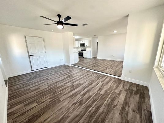 Empty room, Interior, Kitchen, Recessed Lighting, Wood Texture Flooring