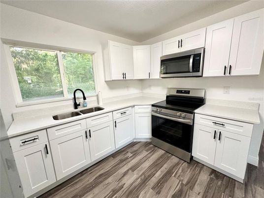 Interior, Kitchen, Stainless Steel Appliances, Wood Texture Flooring