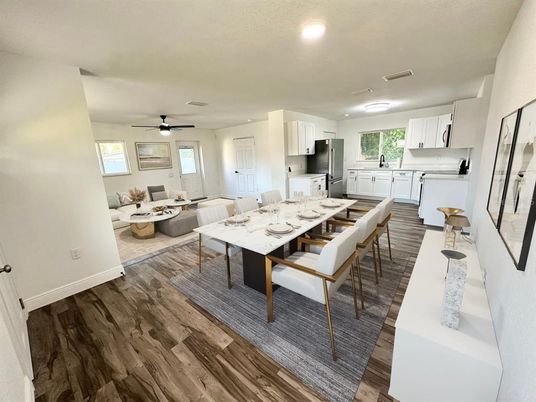 Dining room, Interior, Kitchen, Living room, Recessed Lighting, Wood Texture Flooring