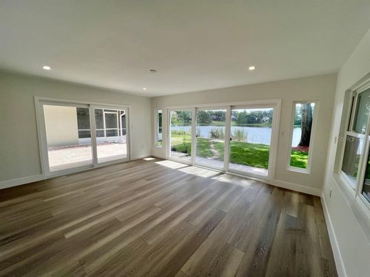 Empty room, Interior, Recessed Lighting, Water, Wood Texture Flooring