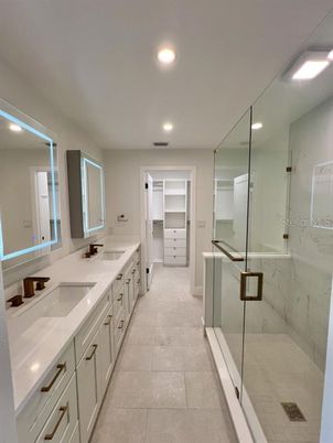 Bathroom, Dual Sink Vanities, Glass Shower, Interior, Recessed Lighting