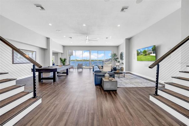 Billiard Table, Game Room, Interior, Living room, Recessed Lighting, Wood Texture Flooring