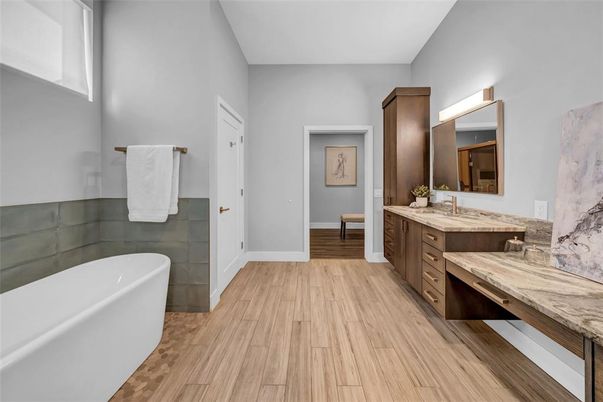 Bathroom, Dual Sink Vanities, Free Standing Baths, Interior, Wood Texture Flooring