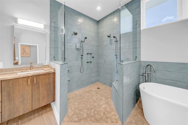 Bathroom, Free Standing Baths, Glass Shower, Interior, Recessed Lighting