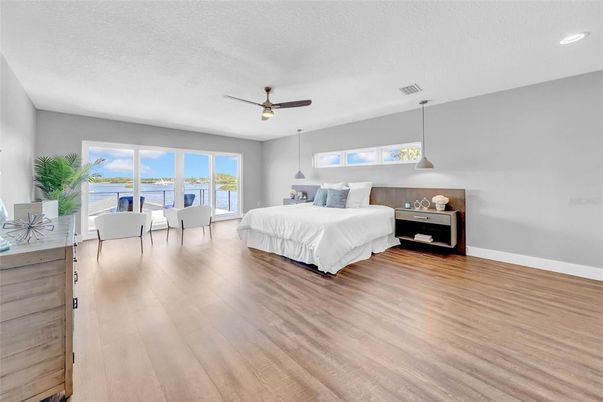 Bedroom, Dining room, Interior, Pendant Lights, Recessed Lighting, Wood Texture Flooring
