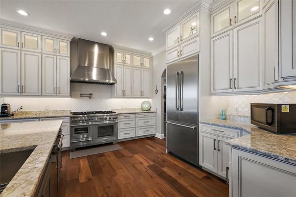 Interior, Kitchen, Recessed Lighting, Stainless Steel Appliances, Wood Texture Flooring