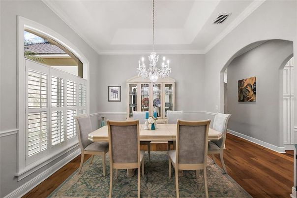 Chandelier, Dining room, Interior, Wood Texture Flooring
