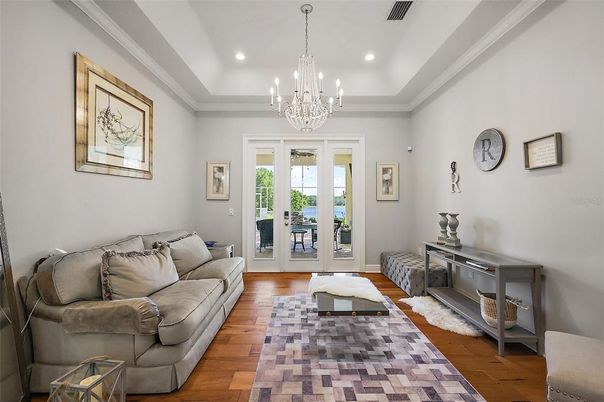 Chandelier, Interior, Living room, Recessed Lighting, Wood Texture Flooring
