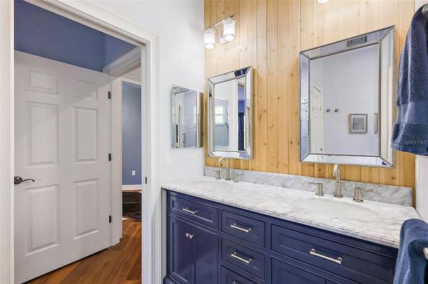 Bathroom, Dual Sink Vanities, Interior, Wood Texture Flooring, Wooden Walls