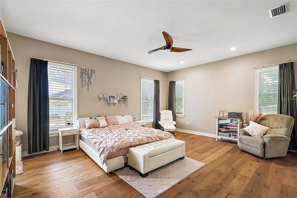 Bedroom, Interior, Recessed Lighting, Wood Texture Flooring