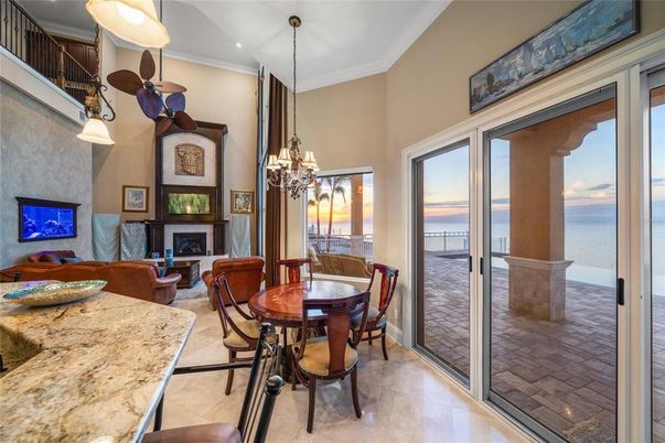 Dining room, Fireplace, Interior, Living room, Pendant Lights, Recessed Lighting, Water