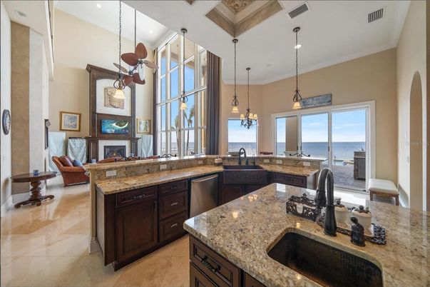 Fireplace, Interior, Kitchen, Living room, Pendant Lights, Recessed Lighting, Water
