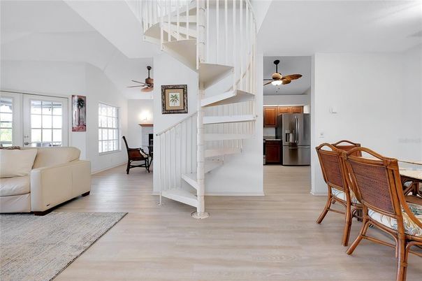 Dining room, Interior, Kitchen, Living room, Stainless Steel Appliances, Wood Texture Flooring