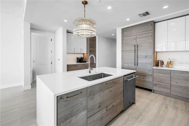 Chandelier, Interior, Kitchen, Recessed Lighting, Wood Texture Flooring