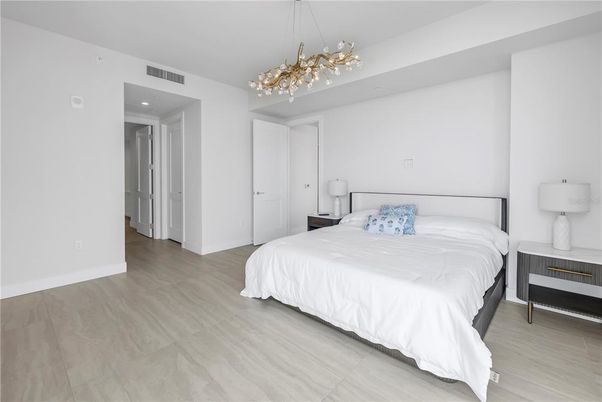 Bedroom, Interior, Pendant Lights, Recessed Lighting, Wood Texture Flooring
