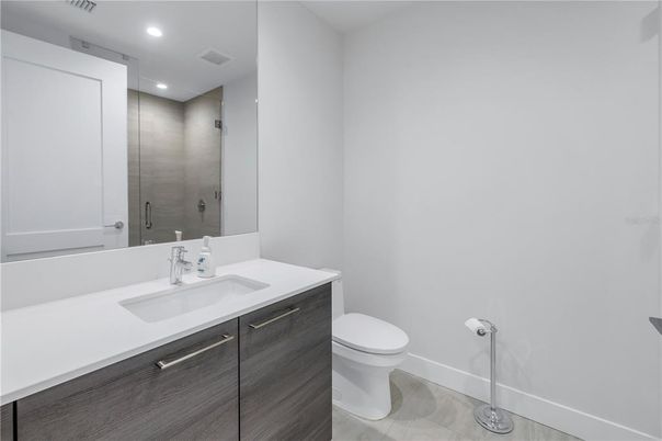 Bathroom, Interior, Recessed Lighting, Wood Texture Flooring