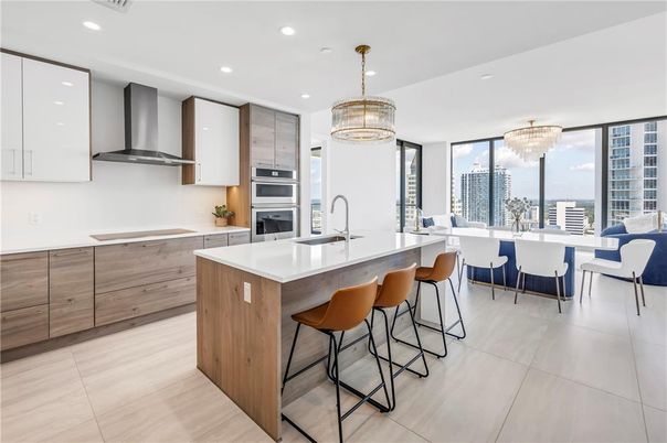 Chandelier, Dining room, Interior, Kitchen, Recessed Lighting, Stainless Steel Appliances, Water
