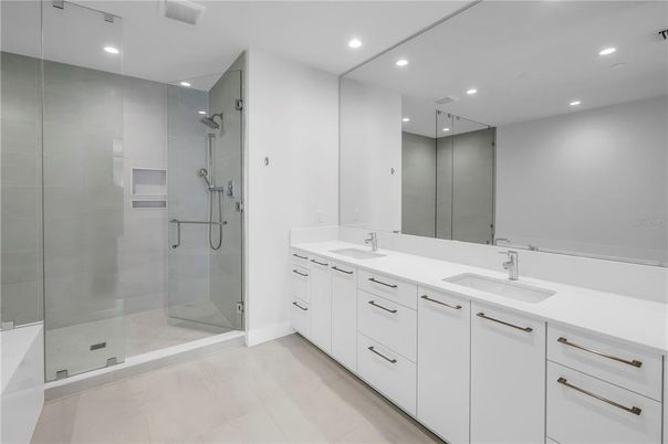Bathroom, Dual Sink Vanities, Glass Shower, Interior, Recessed Lighting