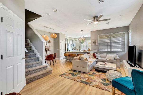 Chandelier, Dining room, Interior, Kitchen, Living room, Pendant Lights, Recessed Lighting, Wood Texture Flooring