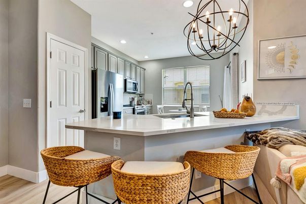 Chandelier, Interior, Kitchen, Recessed Lighting, Stainless Steel Appliances, Wood Texture Flooring