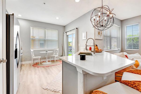 Chandelier, Dining room, Interior, Kitchen, Recessed Lighting, Wood Texture Flooring