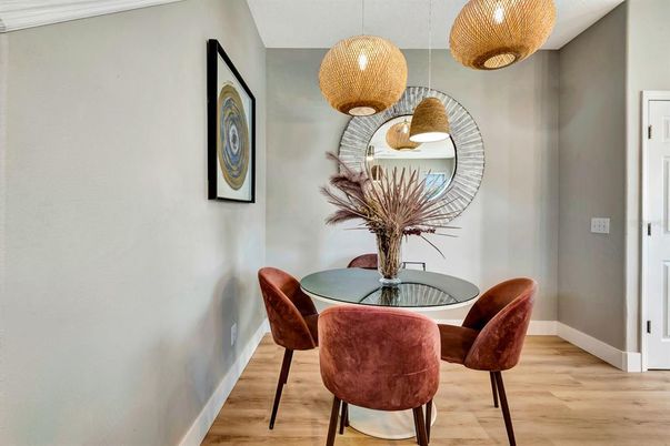 Dining room, Interior, Pendant Lights, Wood Texture Flooring