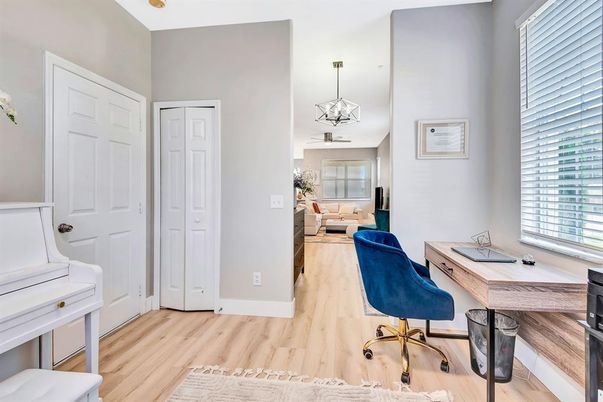 Home Office, Interior, Pendant Lights, Wood Texture Flooring