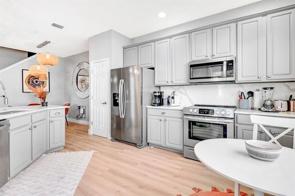 Interior, Kitchen, Recessed Lighting, Stainless Steel Appliances, Wood Texture Flooring
