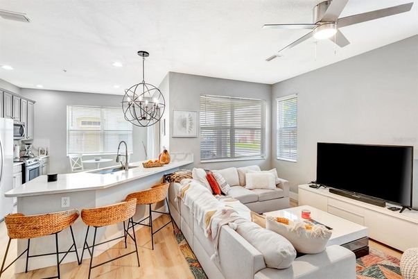 Chandelier, Interior, Kitchen, Living room, Pendant Lights, Recessed Lighting, Wood Texture Flooring