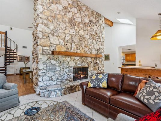 Fireplace, Interior, Kitchen, Living room, Pendant Lights, Stone Walls, Wood Texture Flooring