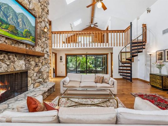 Fireplace, Interior, Living room, Stone Walls, Wood Texture Flooring
