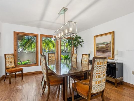 Dining room, Interior, Pendant Lights, Wood Texture Flooring