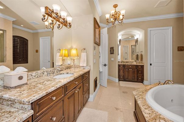 Bathroom, Chandelier, Dual Sink Vanities, Interior, Recessed Lighting