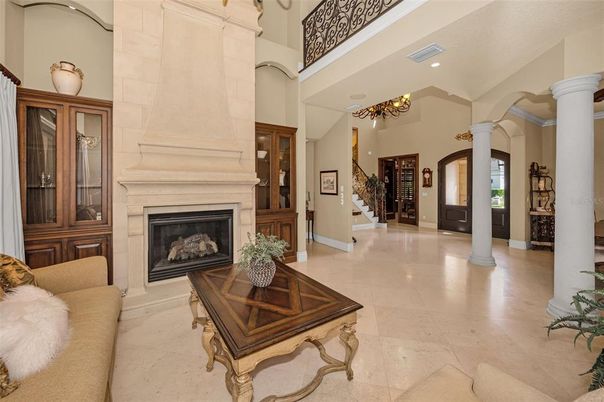 Chandelier, Fireplace, Interior, Living room, Recessed Lighting