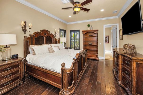 Bedroom, Interior, Recessed Lighting, Wood Texture Flooring