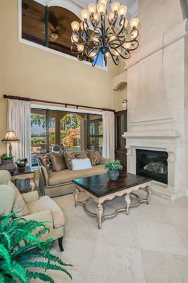 Chandelier, Fireplace, Interior, Living room