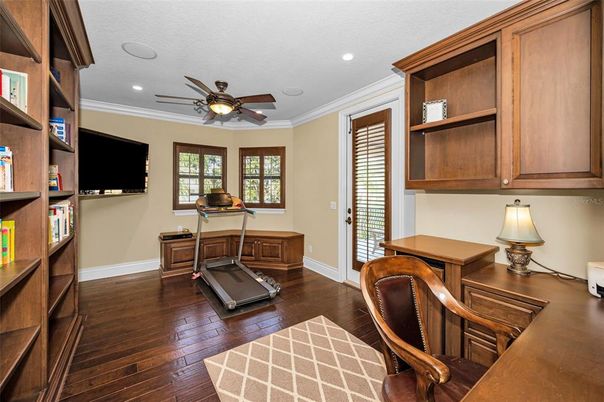 Fitness Equipment, Home Office, Interior, Recessed Lighting, Wood Texture Flooring