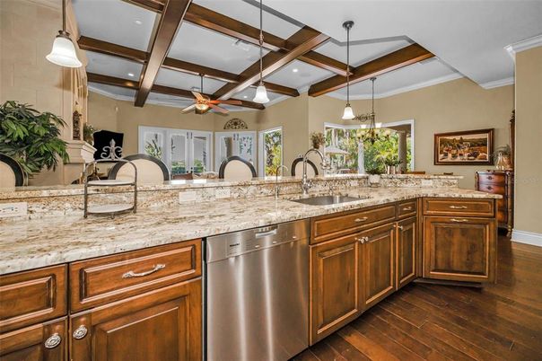 Interior, Kitchen, Pendant Lights, Recessed Lighting, Stainless Steel Appliances, Wooden Beams, Wood Texture Flooring