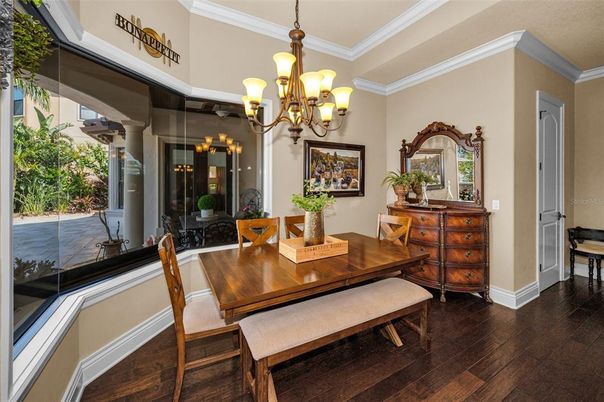 Chandelier, Dining room, Interior, Wood Texture Flooring