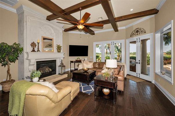 Fireplace, Interior, Living room, Recessed Lighting, Wooden Beams, Wood Texture Flooring