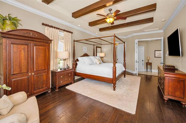 Bedroom, Interior, Recessed Lighting, Wooden Beams, Wood Texture Flooring