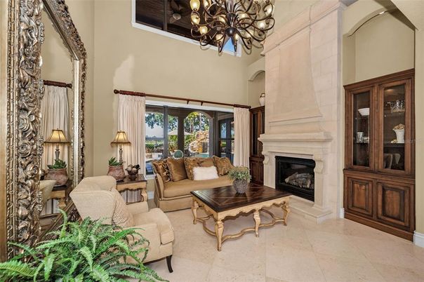 Chandelier, Fireplace, Interior, Living room