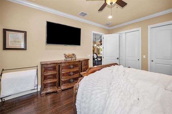 Bedroom, Interior, Recessed Lighting, Wood Texture Flooring