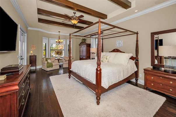 Bedroom, Chandelier, Interior, Recessed Lighting, Wooden Beams, Wood Texture Flooring