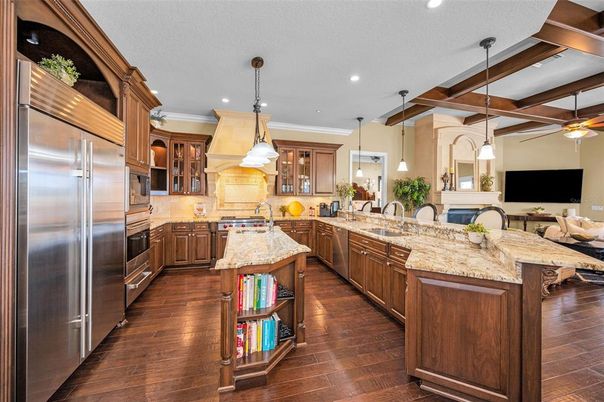 Interior, Kitchen, Pendant Lights, Recessed Lighting, Stainless Steel Appliances, Wooden Beams, Wood Texture Flooring