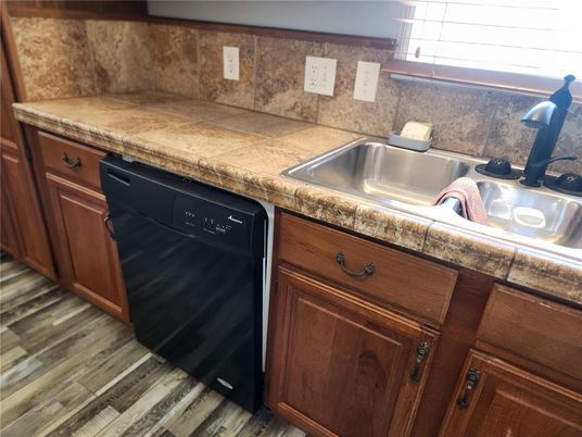 Interior, Kitchen, Tile Countertops, Wood Texture Flooring