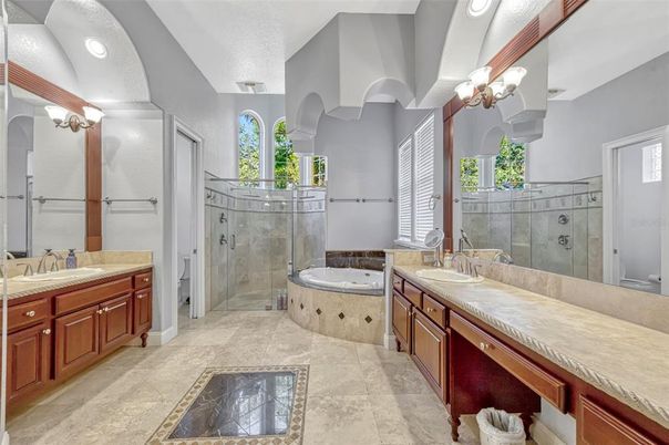 Bathroom, Dual Sink Vanities, Glass Shower, Interior, Recessed Lighting